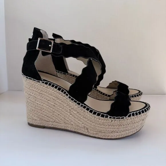 NWOT Marc Fisher Calita Black Suede Platform Espadrille Wedge Sandals Size 9.5