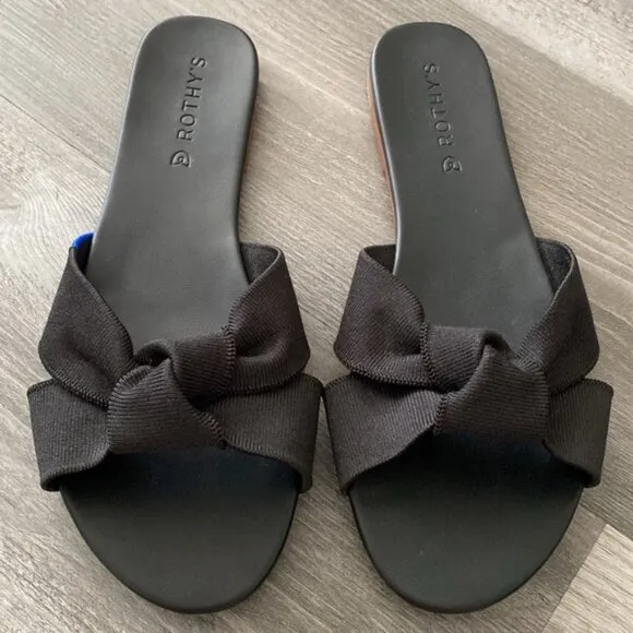 NWOT Rothy's The Knot Black Slide Sandals Womens 9 Hemp Vegan Bow Knot $150