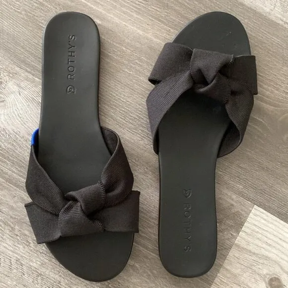 NWOT Rothy's The Knot Black Slide Sandals Womens 9 Hemp Vegan Bow Knot $150