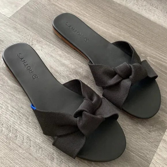 NWOT Rothy's The Knot Black Slide Sandals Womens 9 Hemp Vegan Bow Knot $150