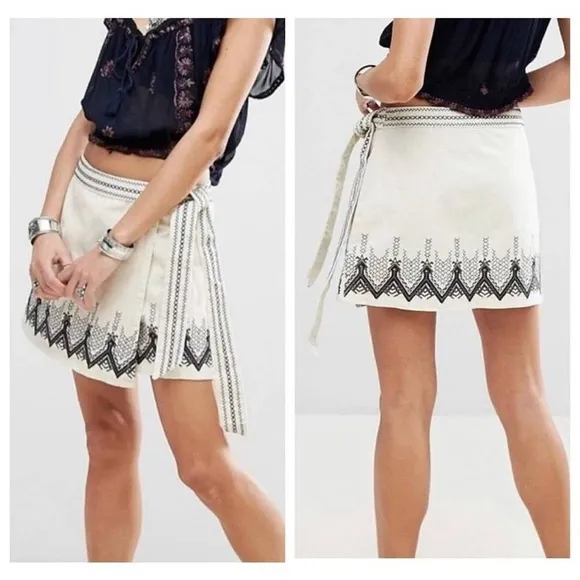 NWT 8 Free People Dream Away Wrap Ultra Mini Skirt Black embroidery scallops