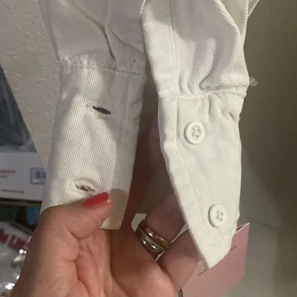NWT Anthropologie AVEC LES FILLES White Denim Love Tie Waist Sleeve Shirt Dress
