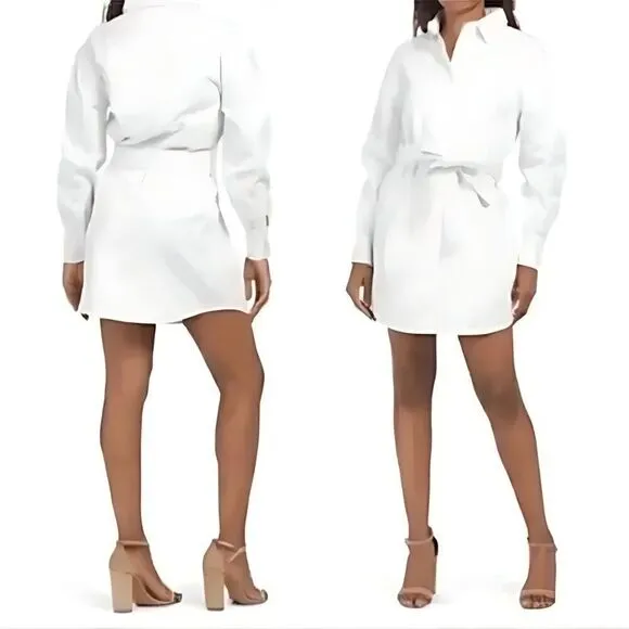 NWT Anthropologie AVEC LES FILLES White Denim Love Tie Waist Sleeve Shirt Dress