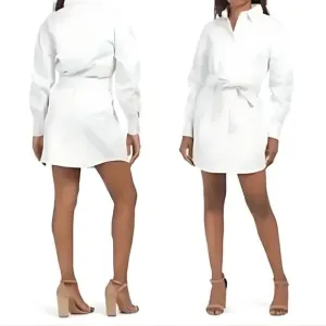 NWT Anthropologie AVEC LES FILLES White Denim Love Tie Waist Sleeve Shirt Dress
