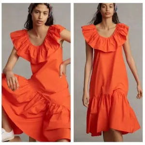 NWT Anthropologie WHIT TWO Flouncy Ruffled Orange Oversized Nap Maxi Dress S