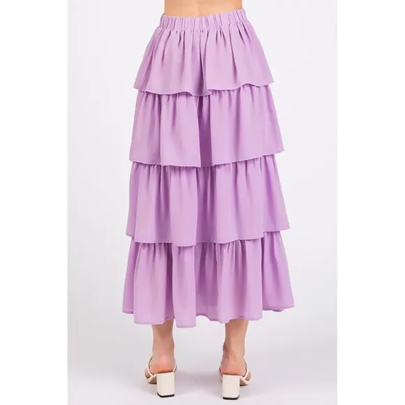 NWT Chiffon Ruffle Layer Elastic Waist Midi Skirt, Lavender, Spring Fashion