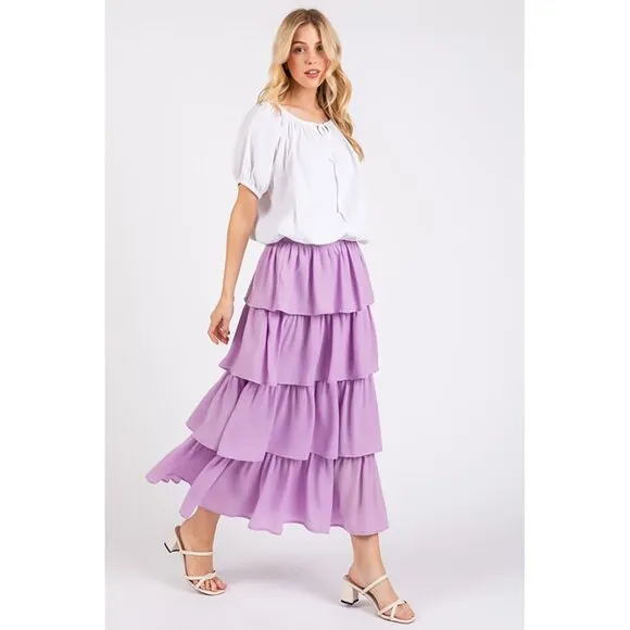 NWT Chiffon Ruffle Layer Elastic Waist Midi Skirt, Lavender, Spring Fashion