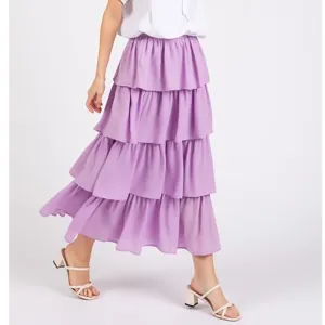 NWT Chiffon Ruffle Layer Elastic Waist Midi Skirt, Lavender, Spring Fashion