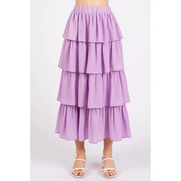 NWT Chiffon Ruffle Layer Elastic Waist Midi Skirt, Lavender, Spring Fashion