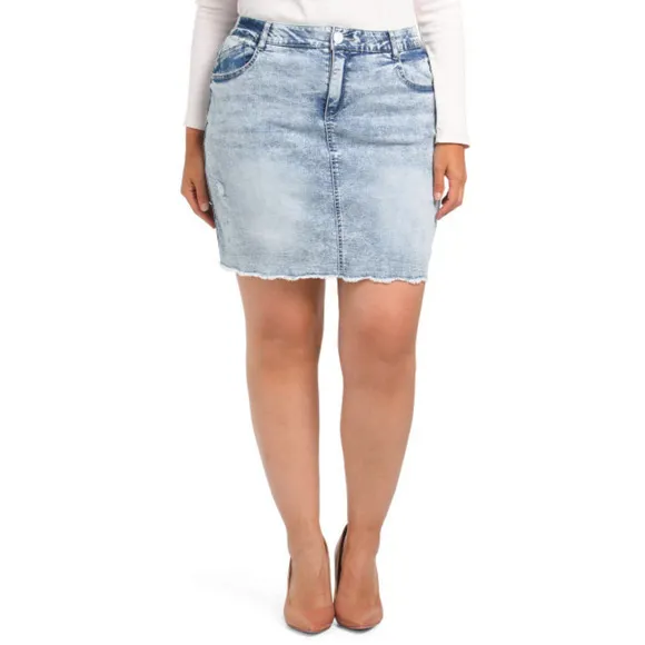 NWT Democracy Women's Plus Ab Solution Frayed Hem Destructed Denim Mini Skirt