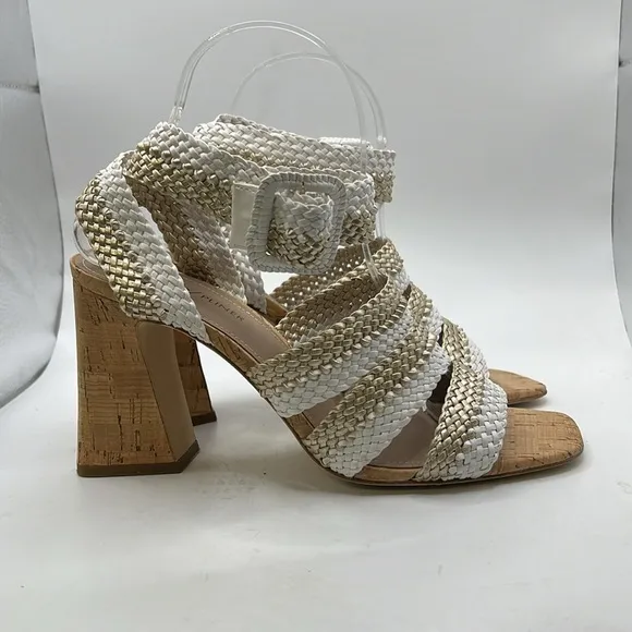 NWT Donald Pliner Rinata Slip On Strappy Sandals Heels White Gold Womens 8.5 M