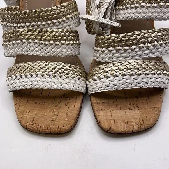 NWT Donald Pliner Rinata Slip On Strappy Sandals Heels White Gold Womens 8.5 M