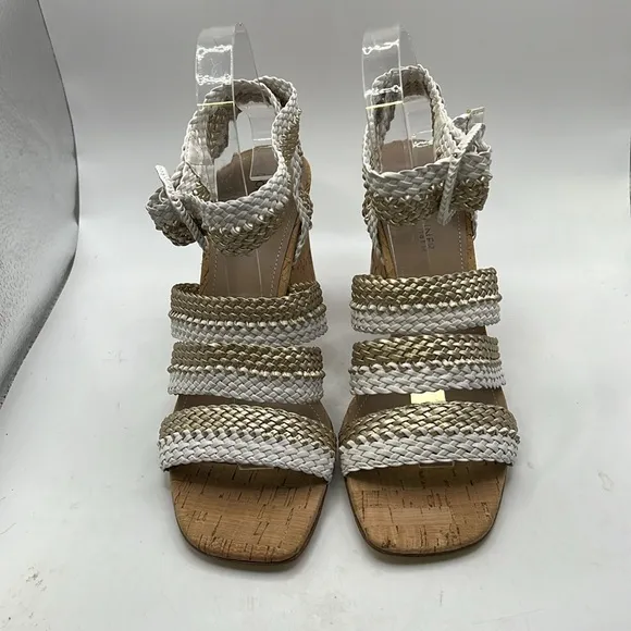 NWT Donald Pliner Rinata Slip On Strappy Sandals Heels White Gold Womens 8.5 M