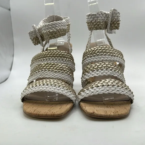 NWT Donald Pliner Rinata Slip On Strappy Sandals Heels White Gold Womens 8.5 M