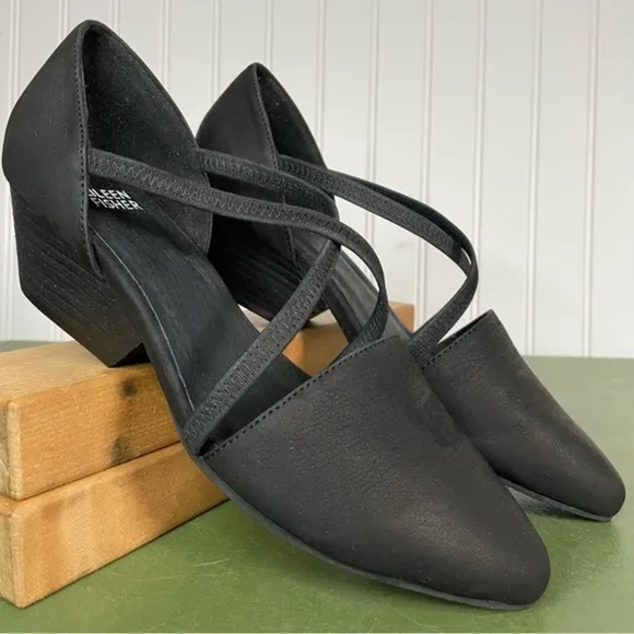 NWT Eileen Fisher POET Wedge Sandals in Black Tumbled Nubuck Leather
