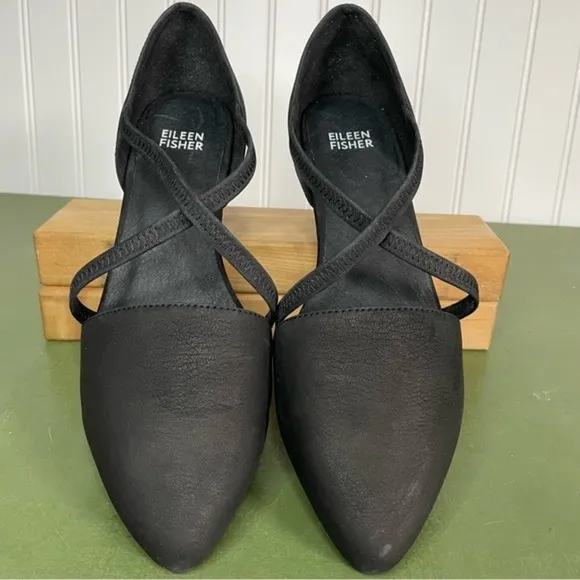 NWT Eileen Fisher POET Wedge Sandals in Black Tumbled Nubuck Leather