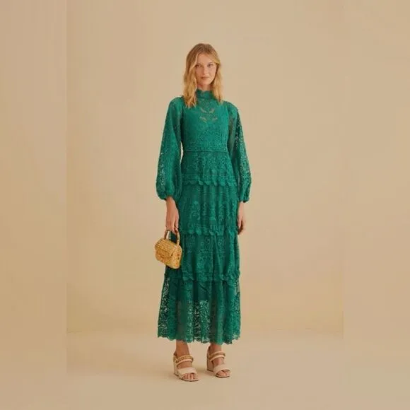 NWT FARM Rio Dark Green Guipure Long Sleeve‎ Maxi Dress Size Medium