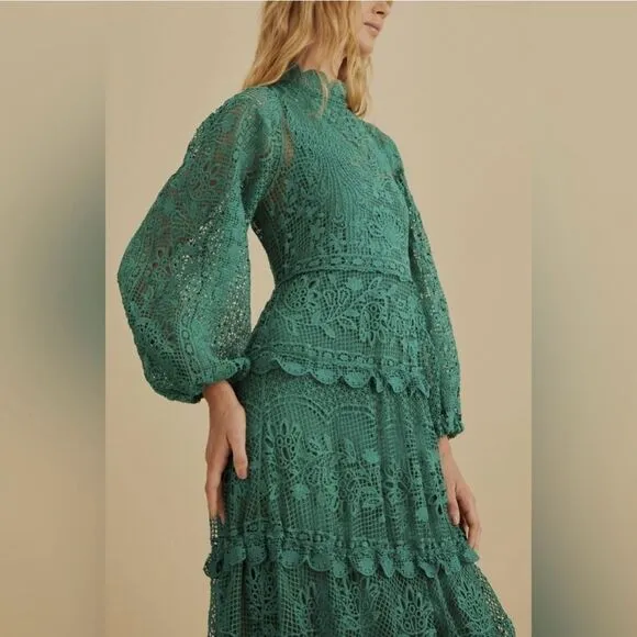 NWT FARM Rio Dark Green Guipure Long Sleeve‎ Maxi Dress Size Medium