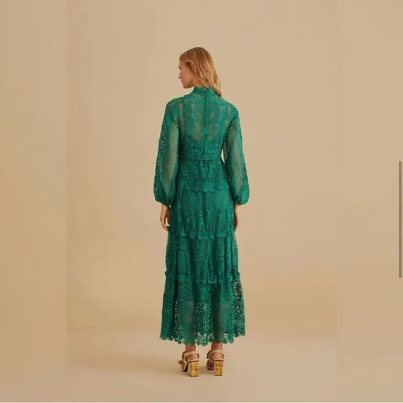 NWT FARM Rio Dark Green Guipure Long Sleeve‎ Maxi Dress Size Medium