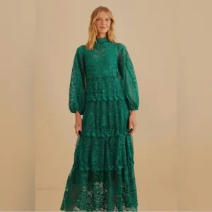 NWT FARM Rio Dark Green Guipure Long Sleeve‎ Maxi Dress Size Medium
