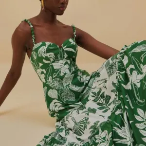 NWT FARM Rio Forest Soul Mix Sweetheart Neck Boho Midi Sundress Green Women's M
