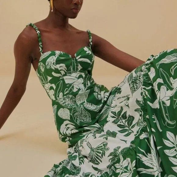 NWT FARM Rio Forest Soul Mix Sweetheart Neck Boho Midi Sundress Green Women's M