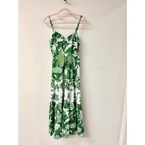 NWT FARM Rio Forest Soul Mix Sweetheart Neck Boho Midi Sundress Green Women's M
