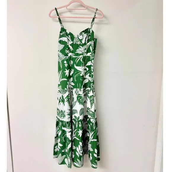 NWT FARM Rio Forest Soul Mix Sweetheart Neck Boho Midi Sundress Green Women's M