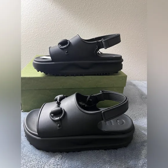 NWT Gucci Horsebit Rubber Platform Slingback Sandals Black Size 10 (US 10.5)