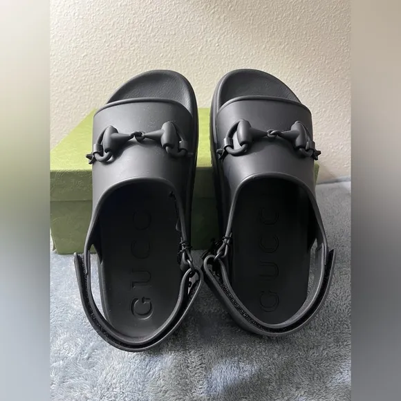 NWT Gucci Horsebit Rubber Platform Slingback Sandals Black Size 10 (US 10.5)