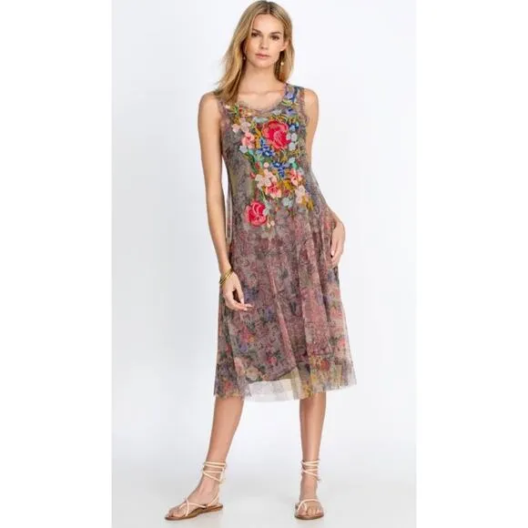 NWT JOHNNY WAS Drea Sheer Mesh Midi Slip Dress Medium Floral Embroidered Boho