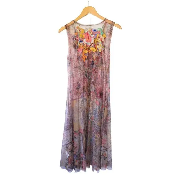 NWT JOHNNY WAS Drea Sheer Mesh Midi Slip Dress Medium Floral Embroidered Boho