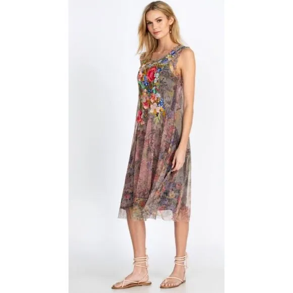 NWT JOHNNY WAS Drea Sheer Mesh Midi Slip Dress Medium Floral Embroidered Boho