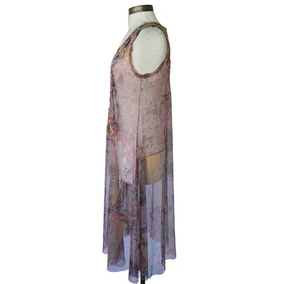 NWT JOHNNY WAS Drea Sheer Mesh Midi Slip Dress Medium Floral Embroidered Boho