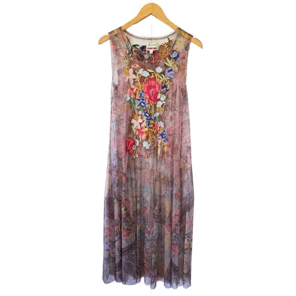NWT JOHNNY WAS Drea Sheer Mesh Midi Slip Dress Medium Floral Embroidered Boho