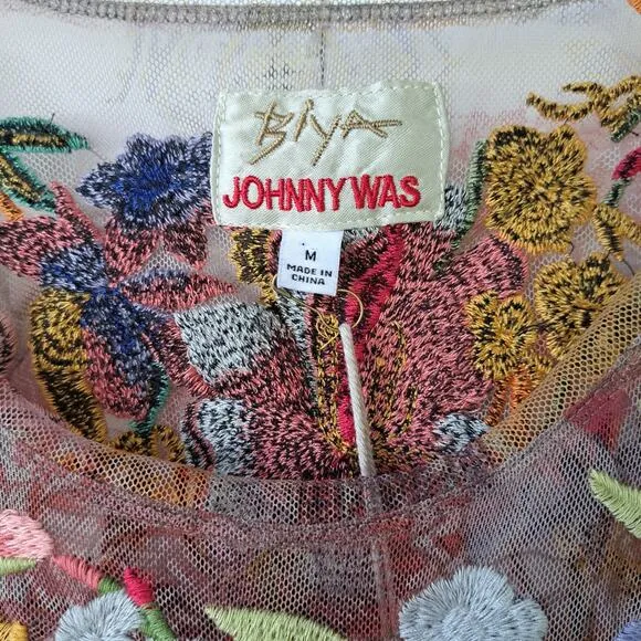 NWT JOHNNY WAS Drea Sheer Mesh Midi Slip Dress Medium Floral Embroidered Boho