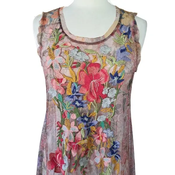 NWT JOHNNY WAS Drea Sheer Mesh Midi Slip Dress Medium Floral Embroidered Boho