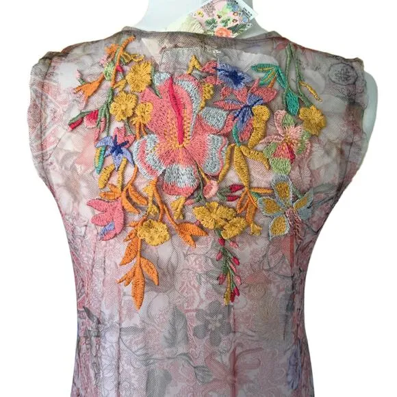 NWT JOHNNY WAS Drea Sheer Mesh Midi Slip Dress Medium Floral Embroidered Boho