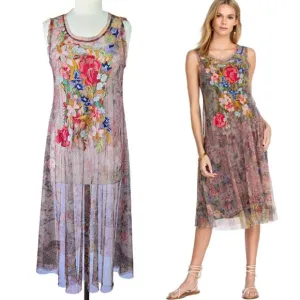 NWT JOHNNY WAS Drea Sheer Mesh Midi Slip Dress Medium Floral Embroidered Boho