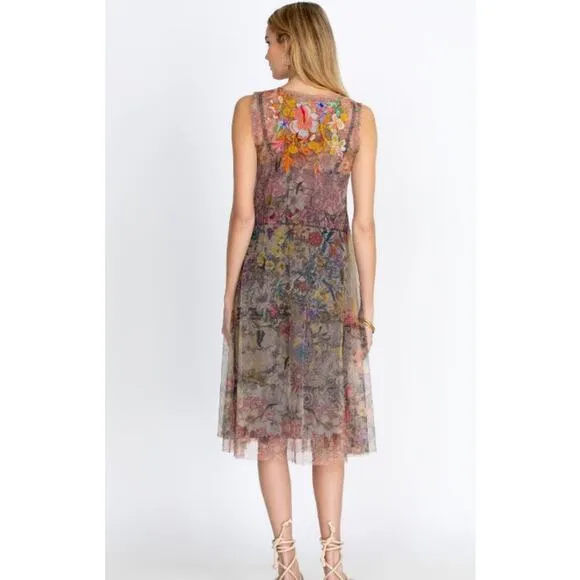NWT JOHNNY WAS Drea Sheer Mesh Midi Slip Dress Medium Floral Embroidered Boho