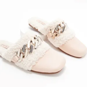 NWT Kelsi Dagger Brooklyn Washer Biscotti/White Leather Chain Fuzzy Fur Mule