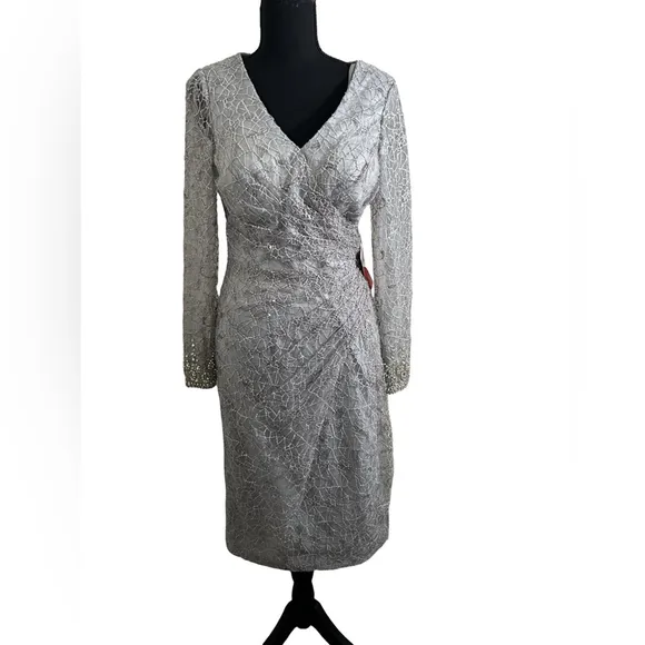 NWT MAC DUGGAL LONG SHEER V-NECK MIDI DRESS