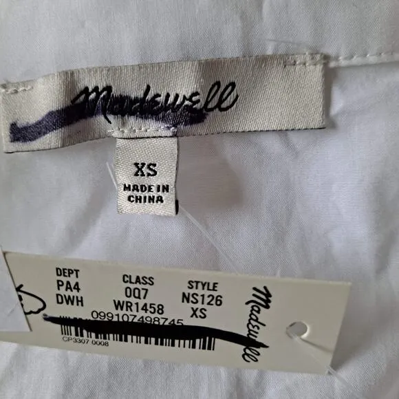 NWT Madewell Dress Cotton Poplin Button-Front Mini Shirtdress White Size XS