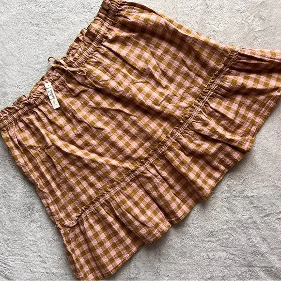 NWT Madewell Pull-On Ruffle Tiered Mini Skirt Gingham Seersucker Spiced Olive XL