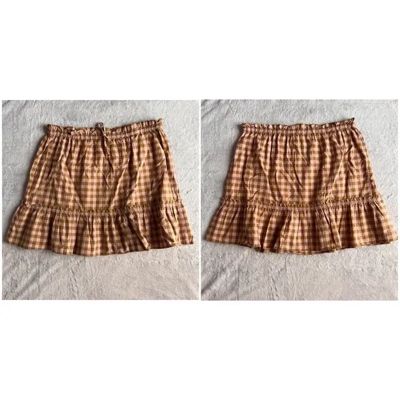 NWT Madewell Pull-On Ruffle Tiered Mini Skirt Gingham Seersucker Spiced Olive XL