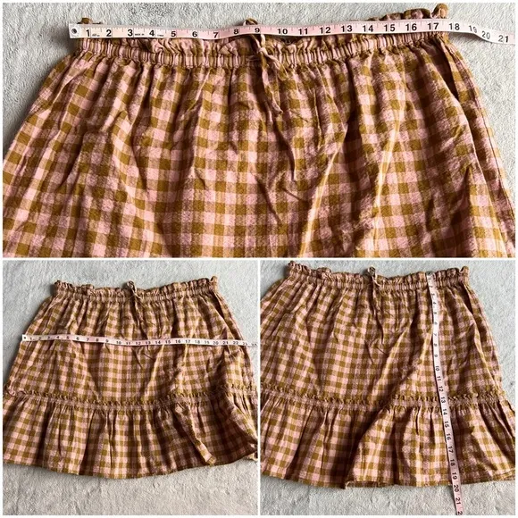 NWT Madewell Pull-On Ruffle Tiered Mini Skirt Gingham Seersucker Spiced Olive XL