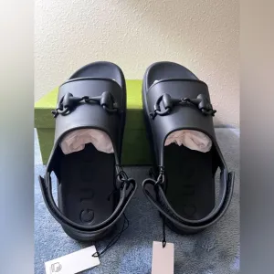 NWT Men Gucci Horsebit Rubber Platform Slingback Sandals Black Size 11 (US 11.5)