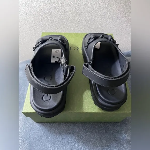 NWT Men Gucci Horsebit Rubber Platform Slingback Sandals Black Size 11 (US 11.5)
