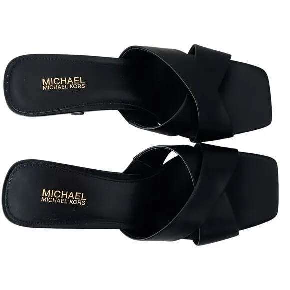 NWT MICHAEL Michael Kors Womens Black Leather Clara Square Toe Heel Sandal 6.5M