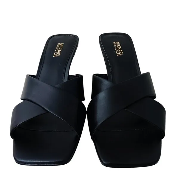 NWT MICHAEL Michael Kors Womens Black Leather Clara Square Toe Heel Sandal 6.5M